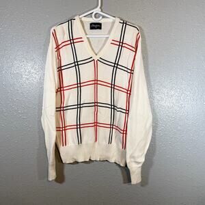 Ben Hogan Medium Womens Long Sleeve V Neck Sweater Plaid Red Vintage Stripe